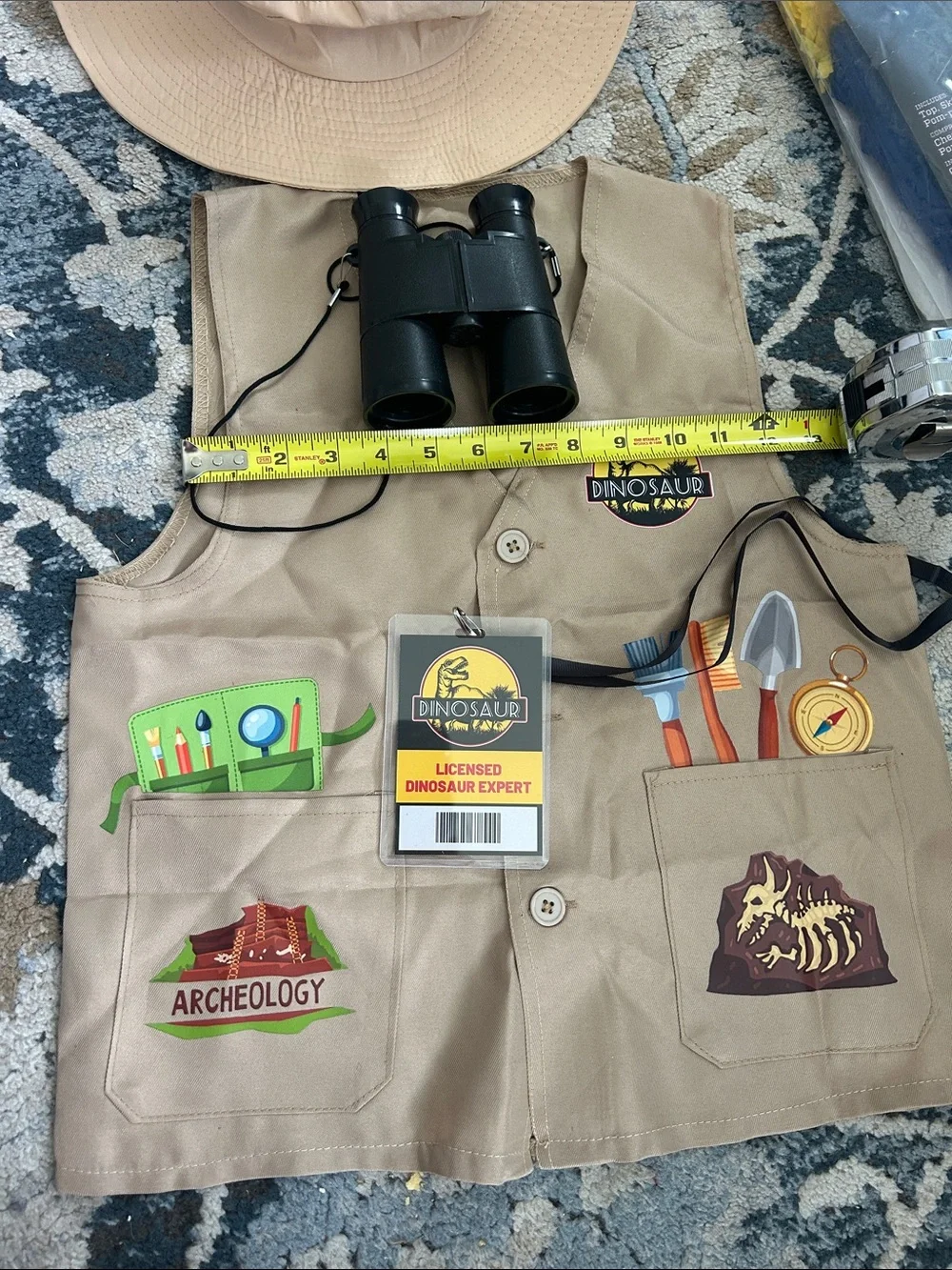 Kids Dinosaur Explorer Vest & Hat Set - Tan